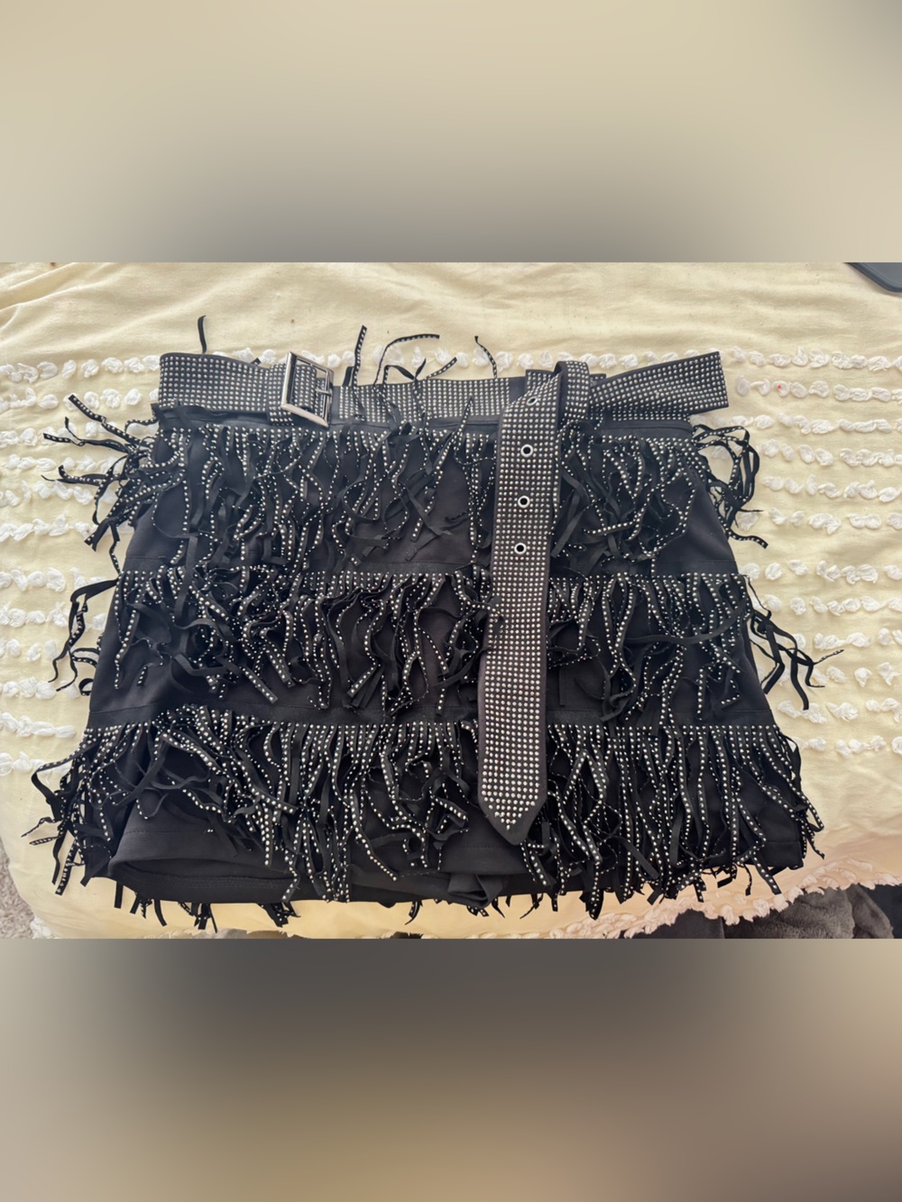 Black Beaded Fringe Mini Skirt with Studded Belt
